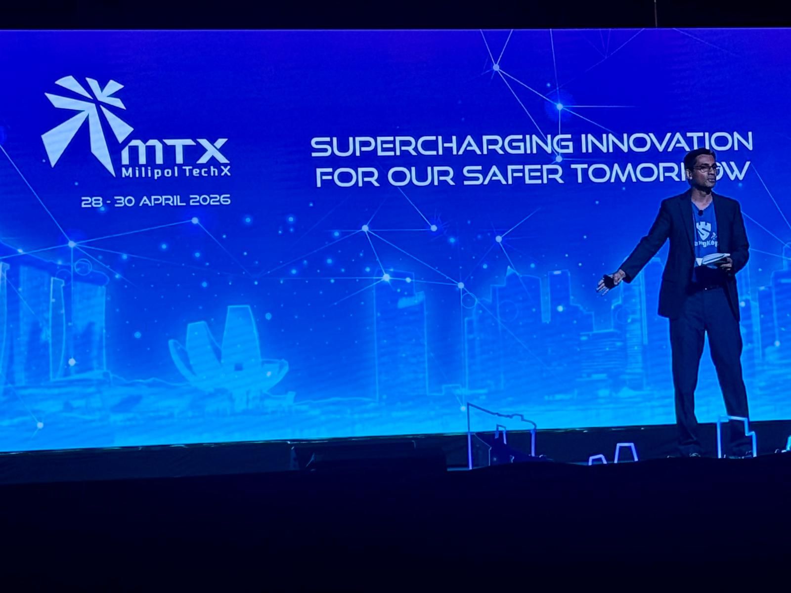 Gaurav Keerthi speaking at Milipol TechX 2026.